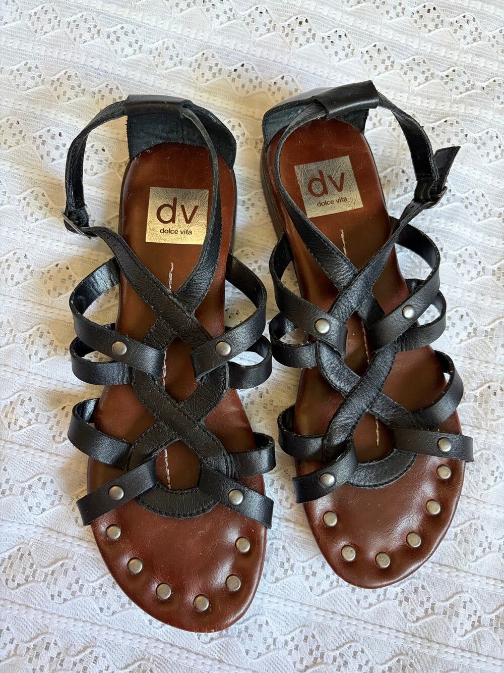 Dolce Vita DV Black Leather Gladiator Sandals Studded Ankle Strap Women's 7
